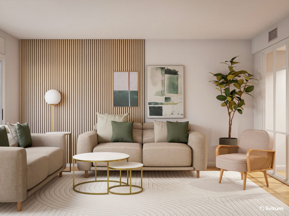 Salón comedor con zona de trabajo en beige y toques de verde