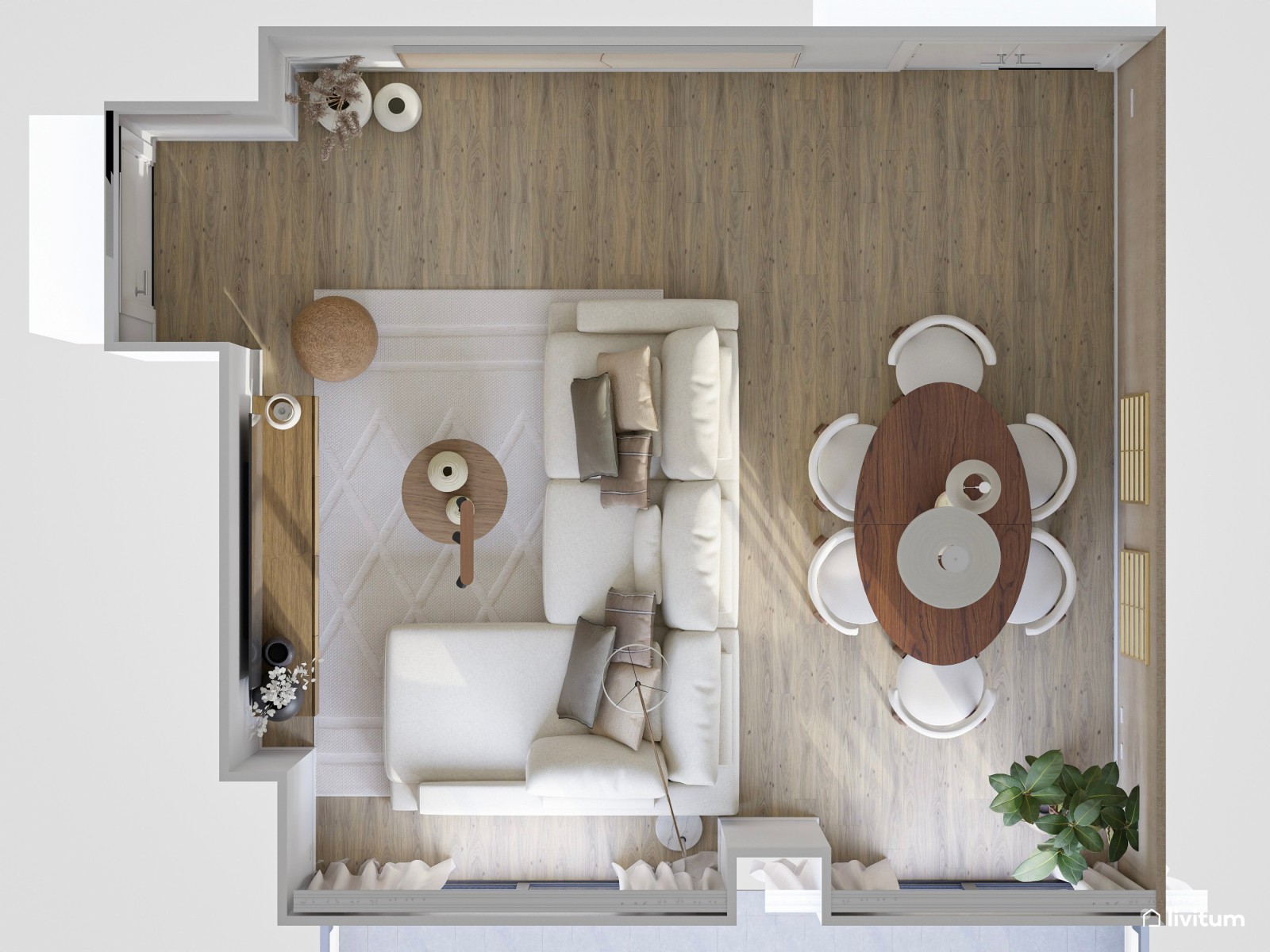 Salón comedor contemporáneo con pared empapelada y espejos de ventana