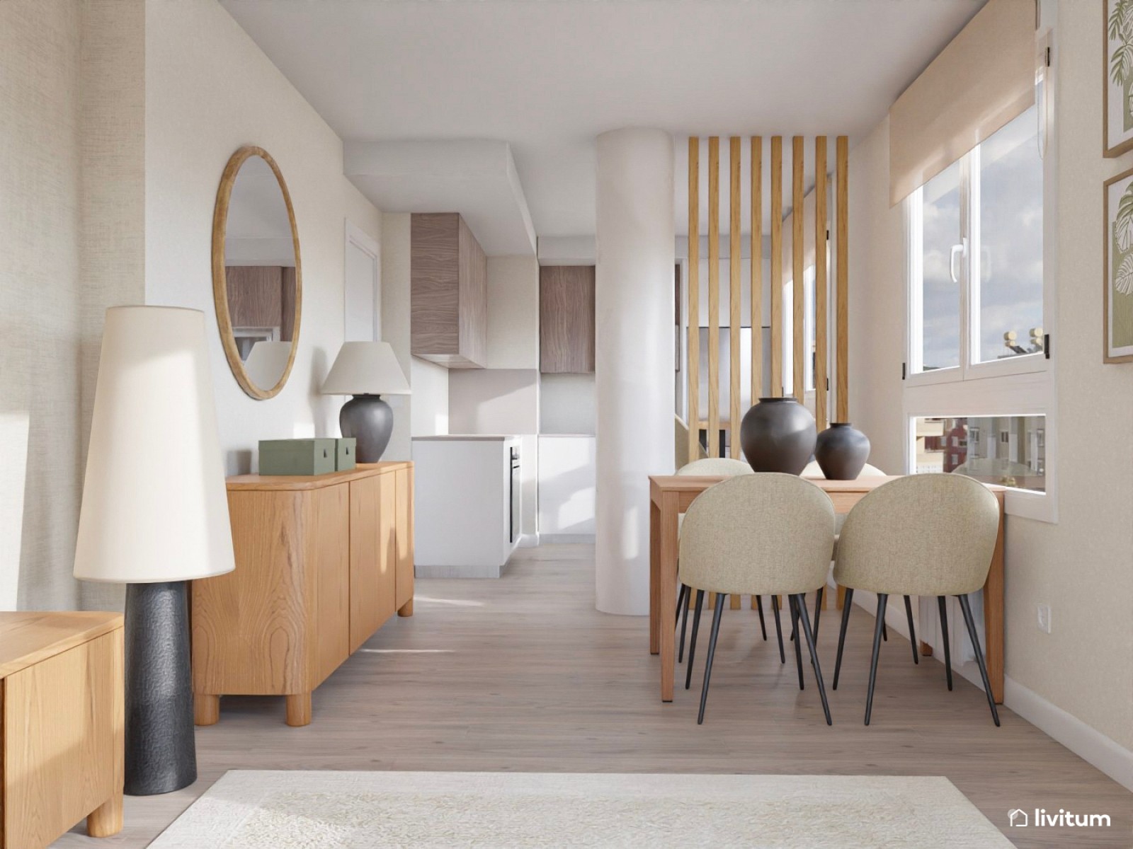 Salón comedor contemporáneo, estrecho y alargado, con cocina abierta en tonos tierra