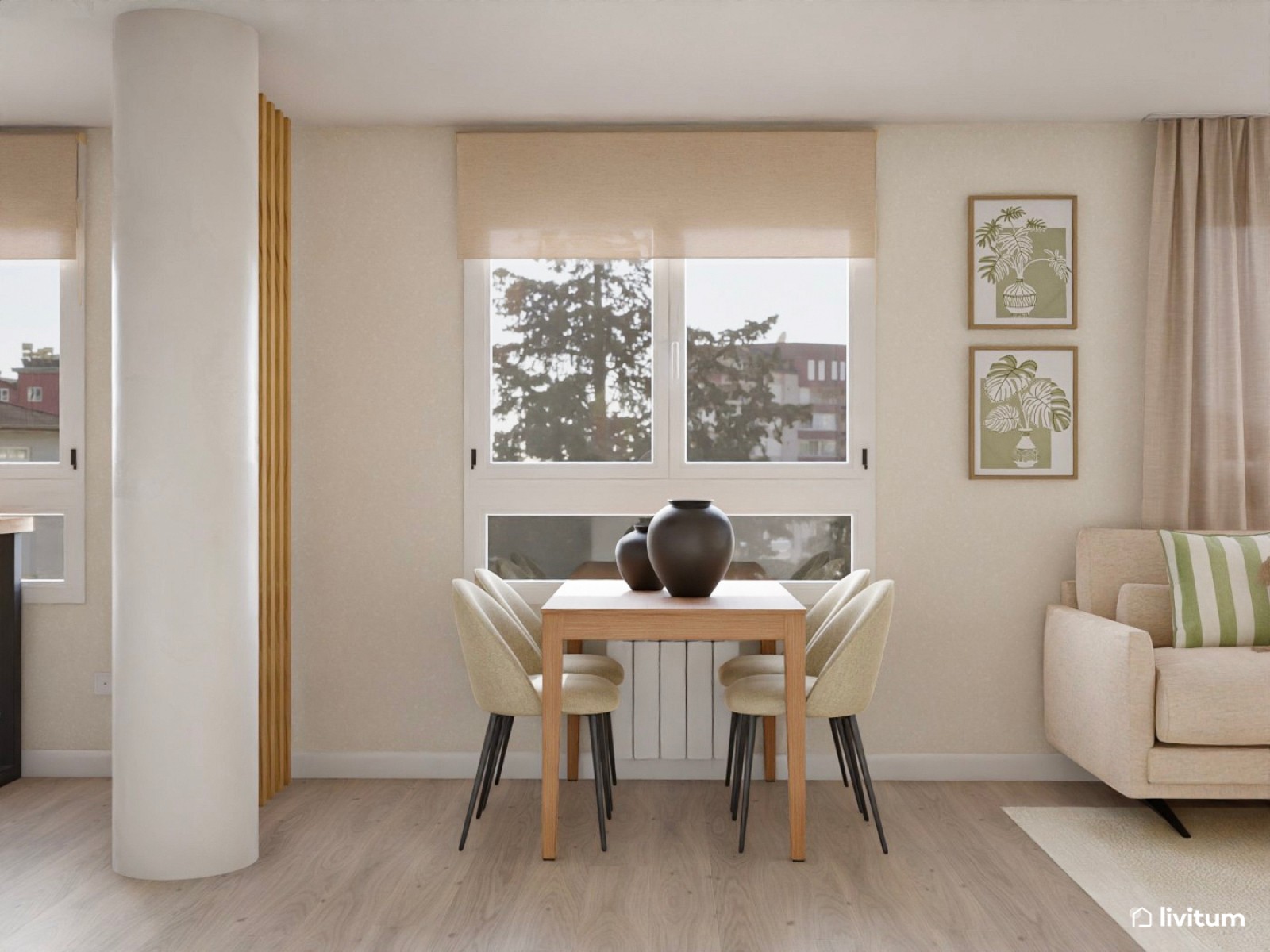 Salón comedor contemporáneo, estrecho y alargado, con cocina abierta en tonos tierra