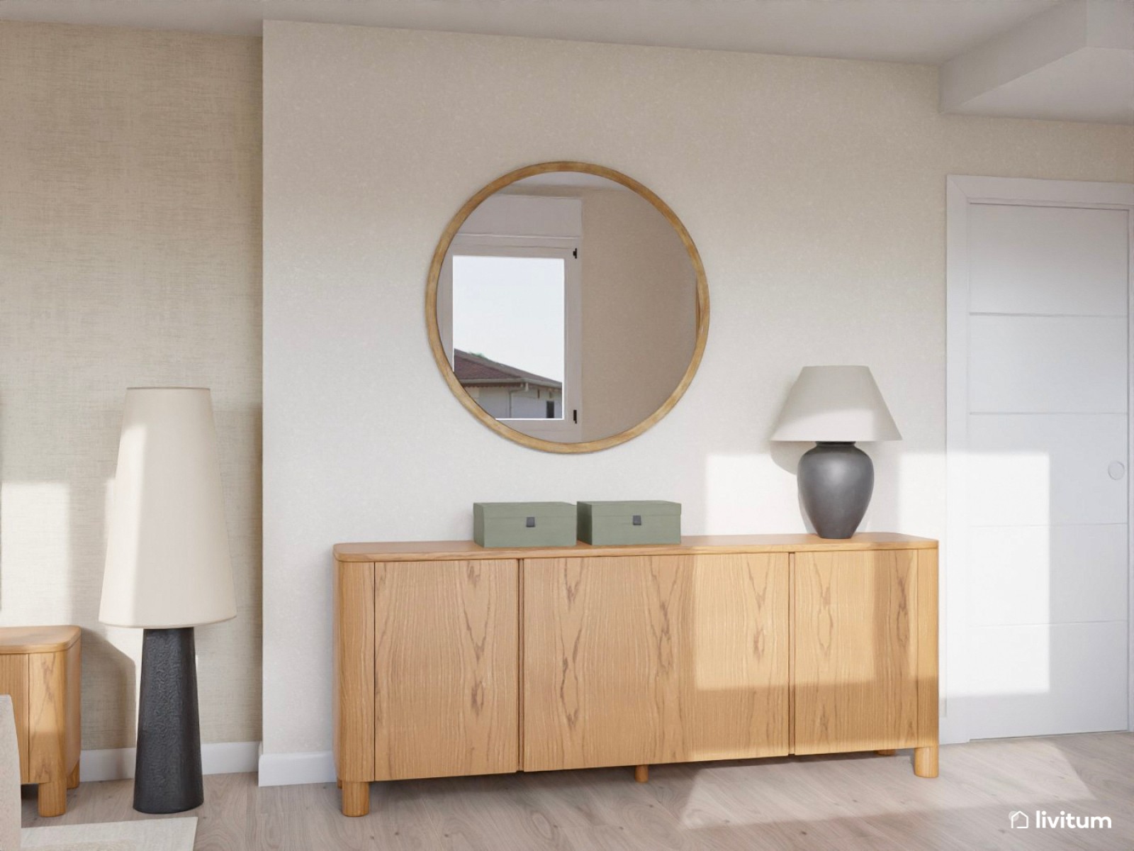 Salón comedor contemporáneo, estrecho y alargado, con cocina abierta en tonos tierra