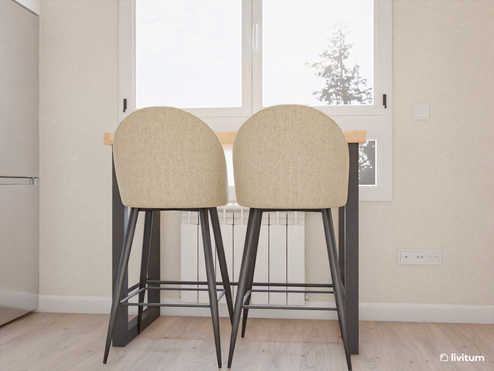 Salón comedor contemporáneo, estrecho y alargado, con cocina abierta en tonos tierra