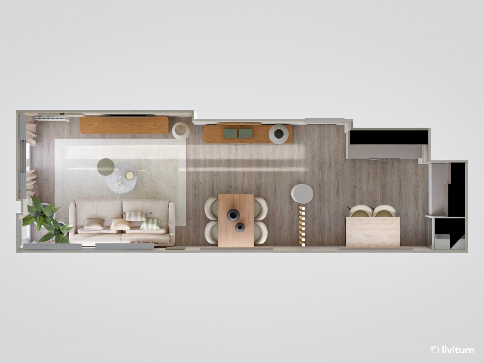 Salón comedor contemporáneo, estrecho y alargado, con cocina abierta en tonos tierra