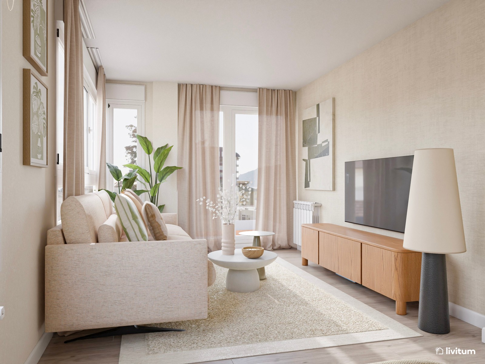 Salón comedor contemporáneo, estrecho y alargado, con cocina abierta en tonos tierra