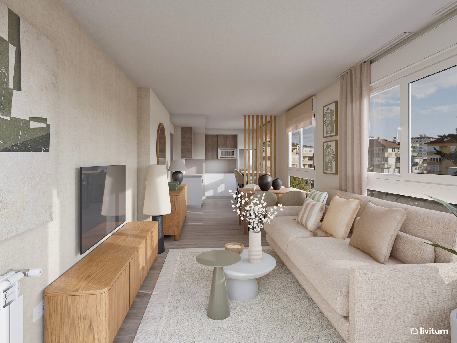 Salón comedor contemporáneo, estrecho y alargado, con cocina abierta en tonos tierra