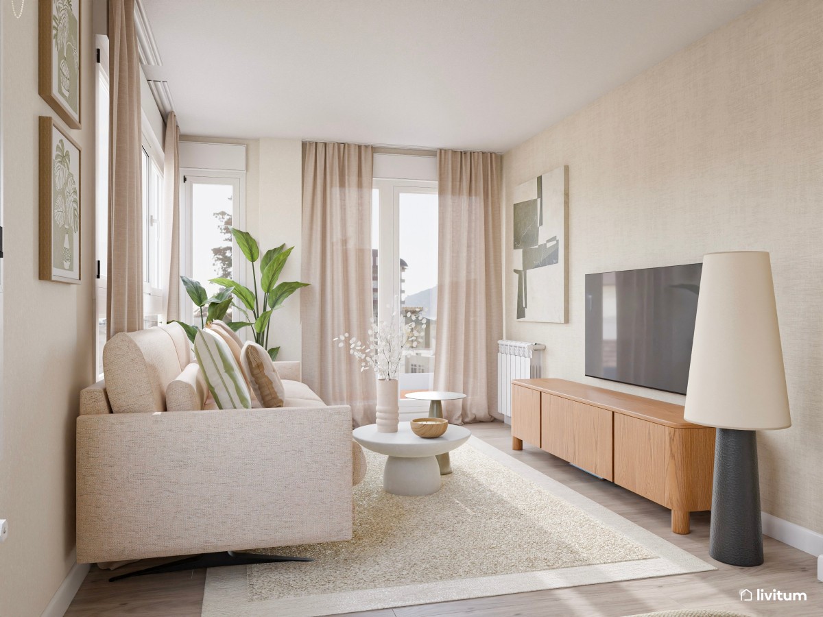 Salón comedor contemporáneo, estrecho y alargado, con cocina abierta en tonos tierra