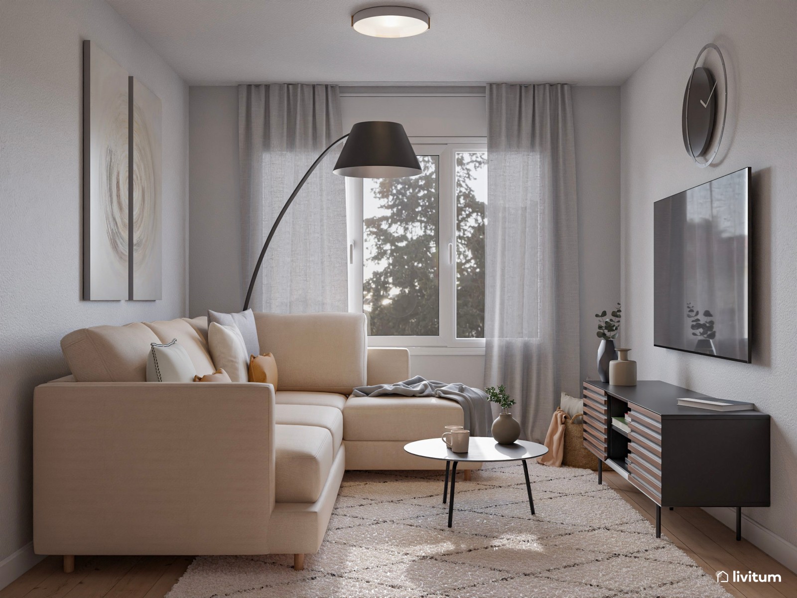 Salón comedor de 18 m² con elegantes detalles en negro