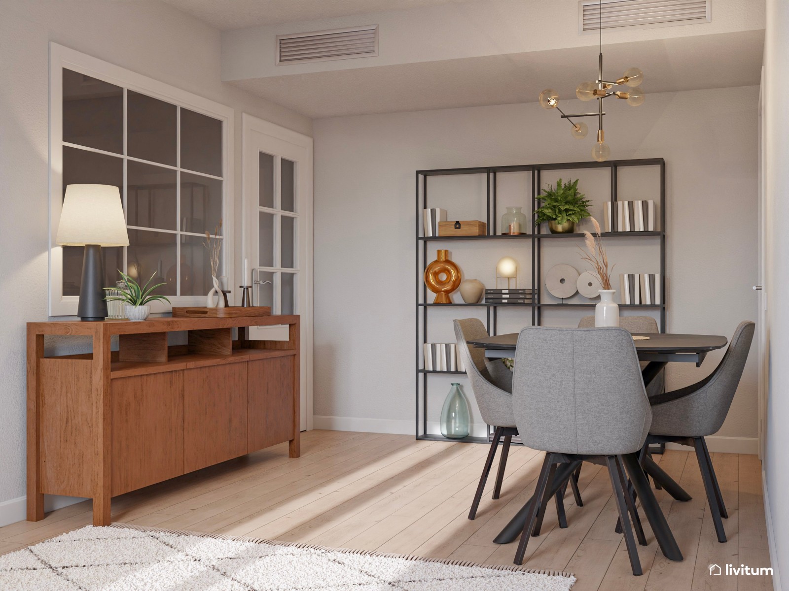 Salón comedor de 18 m² con elegantes detalles en negro