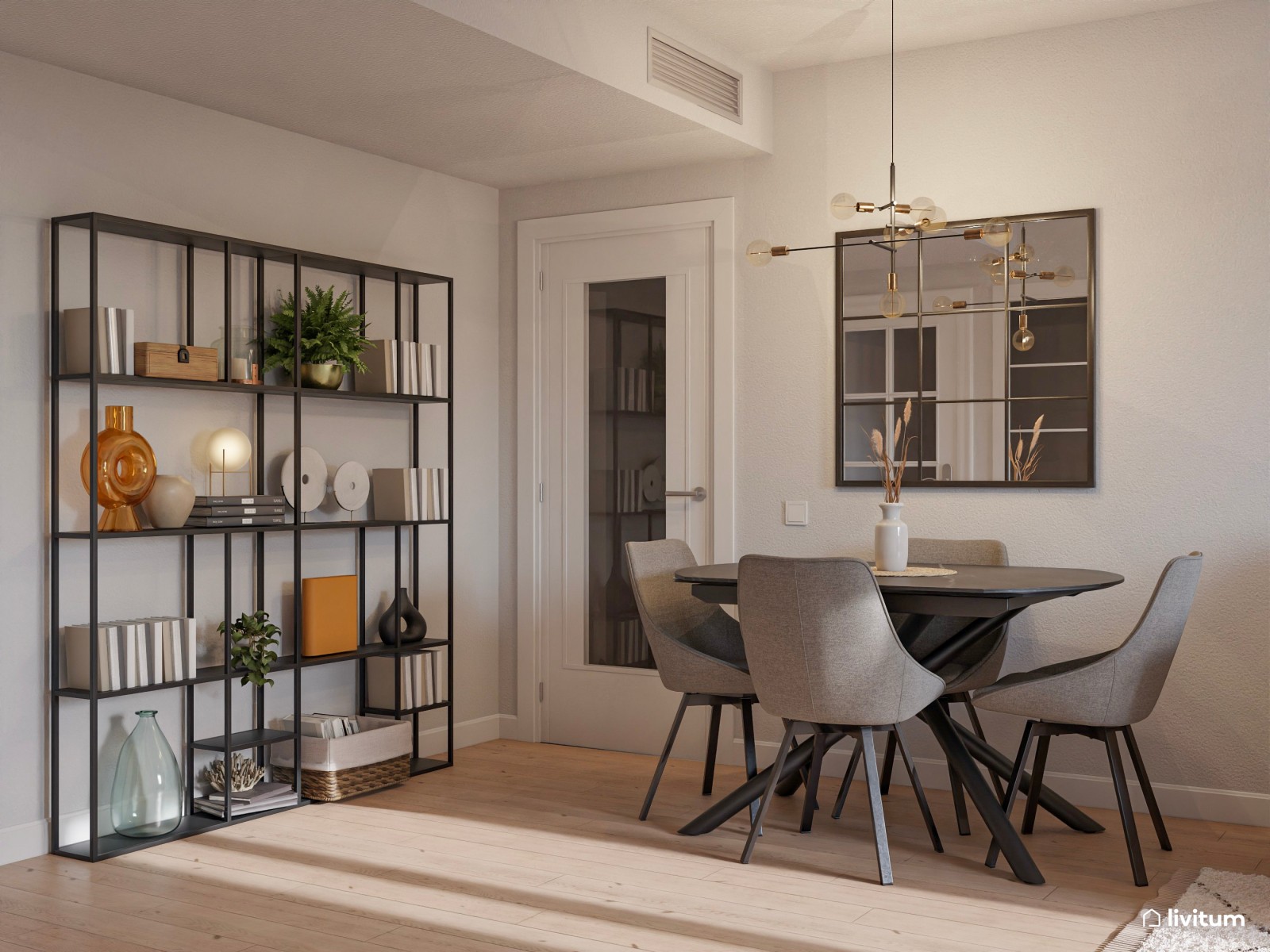 Salón comedor de 18 m² con elegantes detalles en negro