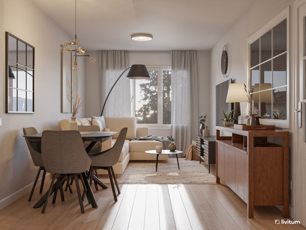Salón comedor de 18 m² con elegantes detalles en negro