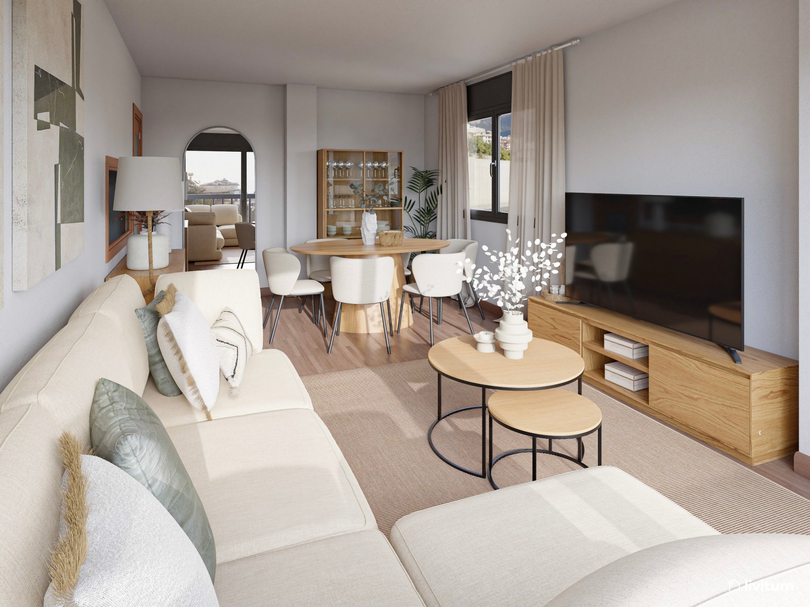 Salón comedor de 20 m² de estilo nórdico con sutiles detalles en verde