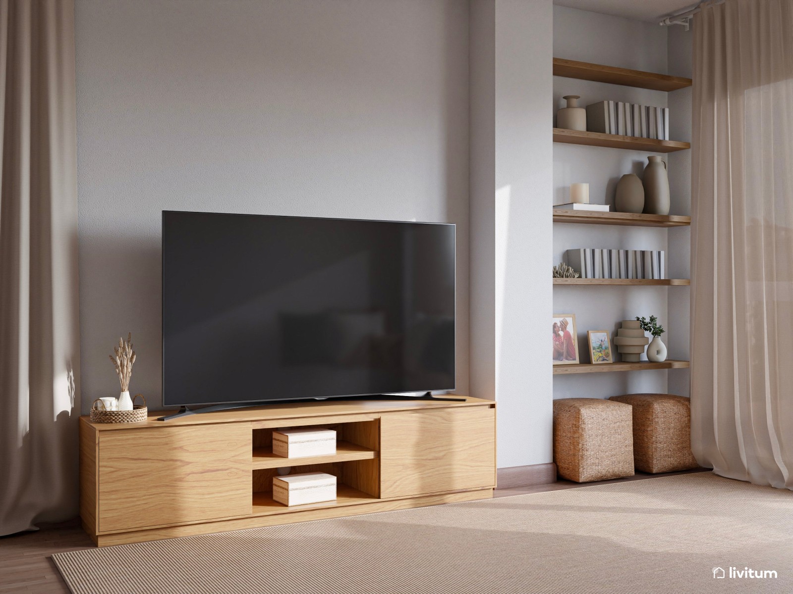 Salón comedor de 20 m² de estilo nórdico con sutiles detalles en verde