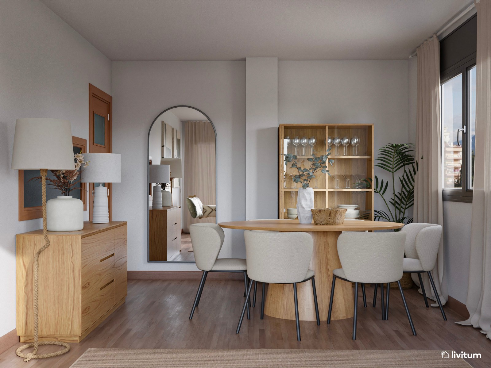 Salón comedor de 20 m² de estilo nórdico con sutiles detalles en verde