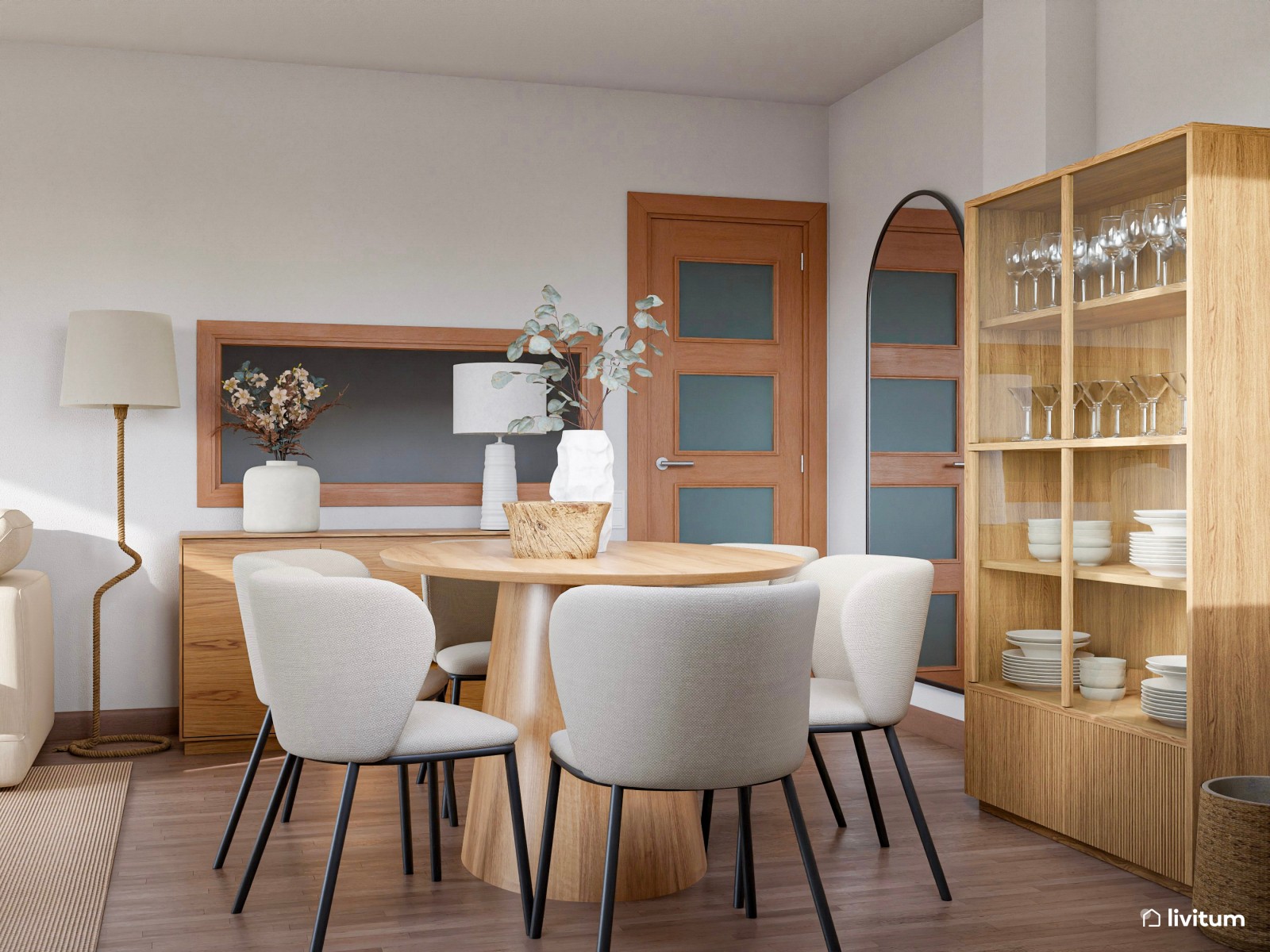 Salón comedor de 20 m² de estilo nórdico con sutiles detalles en verde