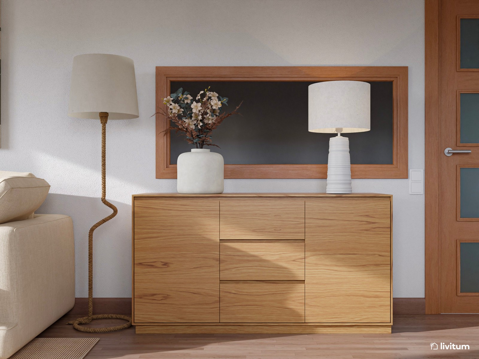 Salón comedor de 20 m² de estilo nórdico con sutiles detalles en verde