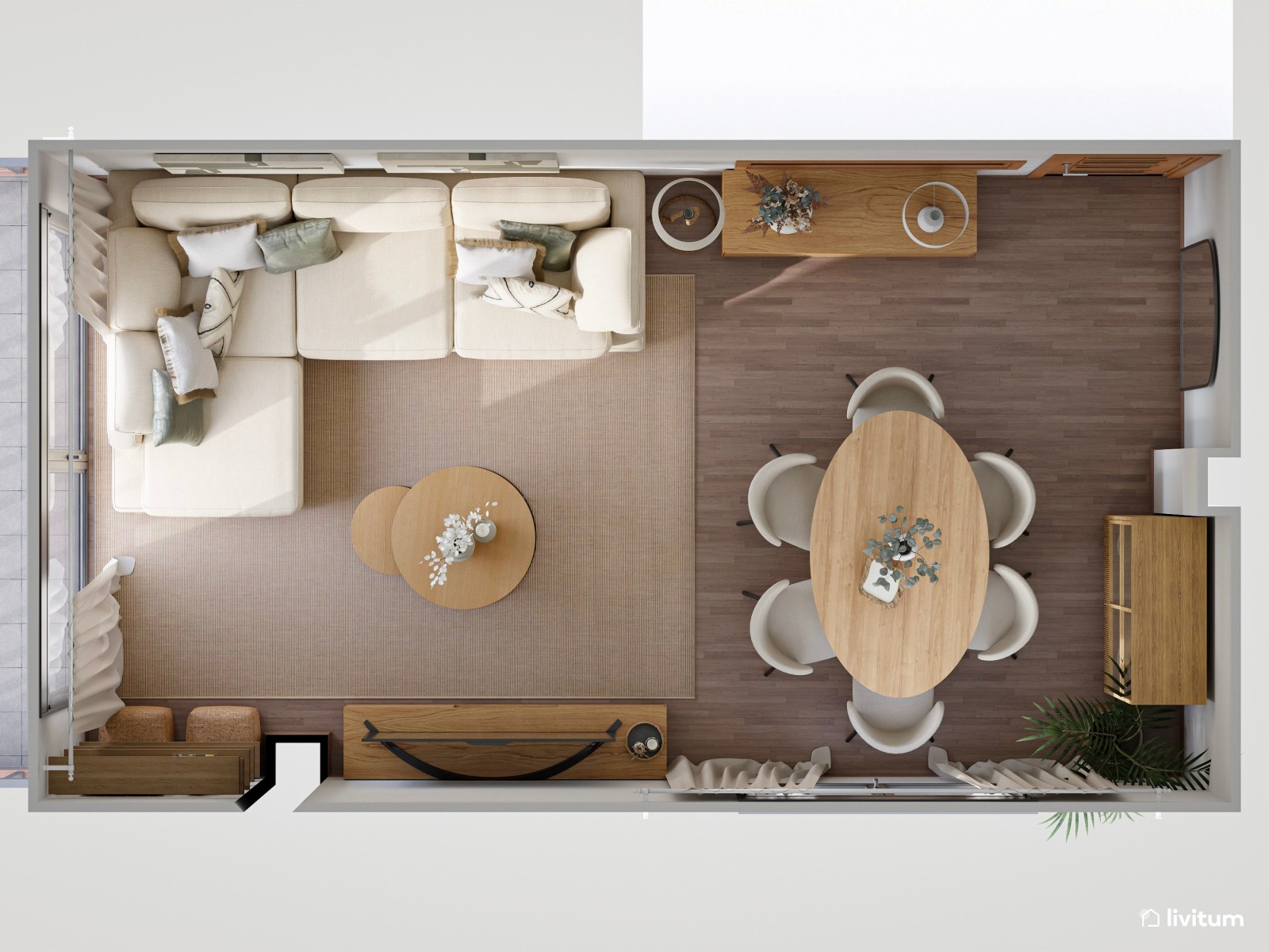 Salón comedor de 20 m² de estilo nórdico con sutiles detalles en verde