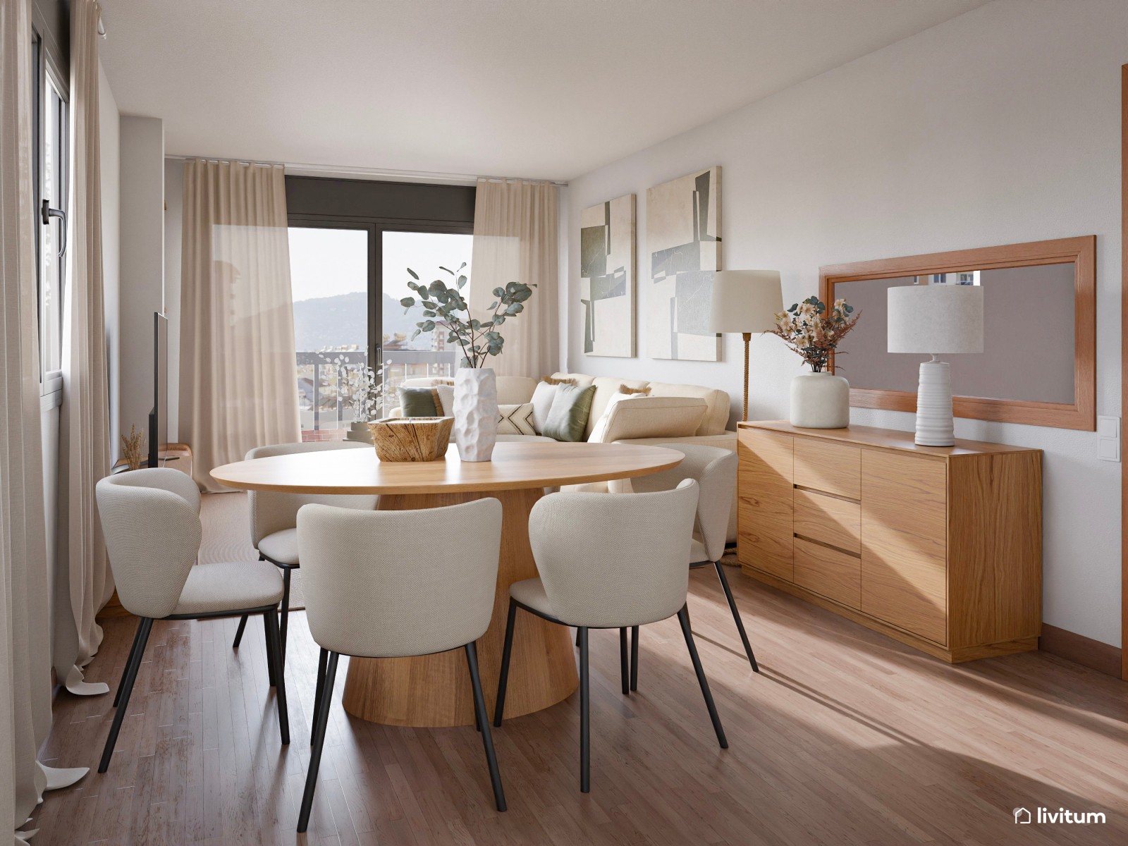 Salón comedor de 20 m² de estilo nórdico con sutiles detalles en verde