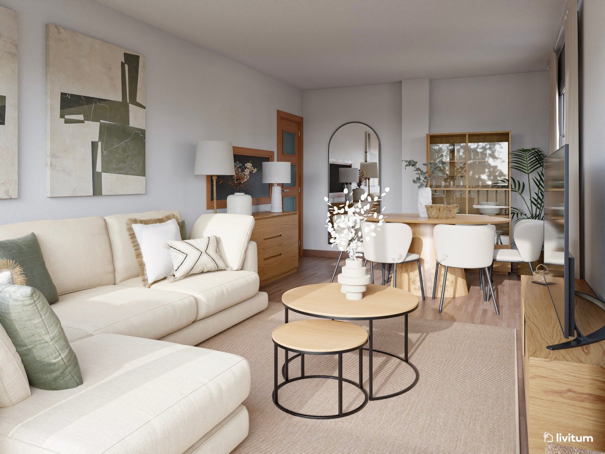 Salón comedor de 20 m² de estilo nórdico con sutiles detalles en verde