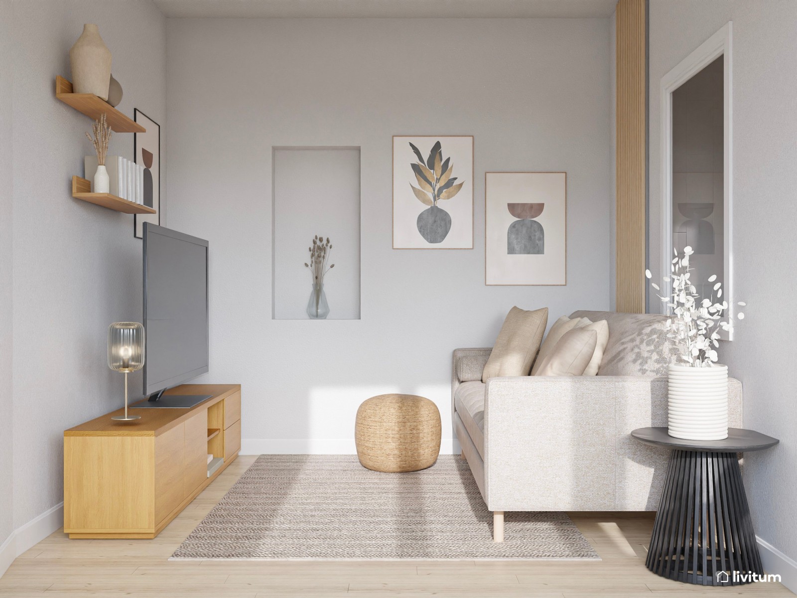 Salón comedor de 22 m² con combinación tonos neutros + madera + negro