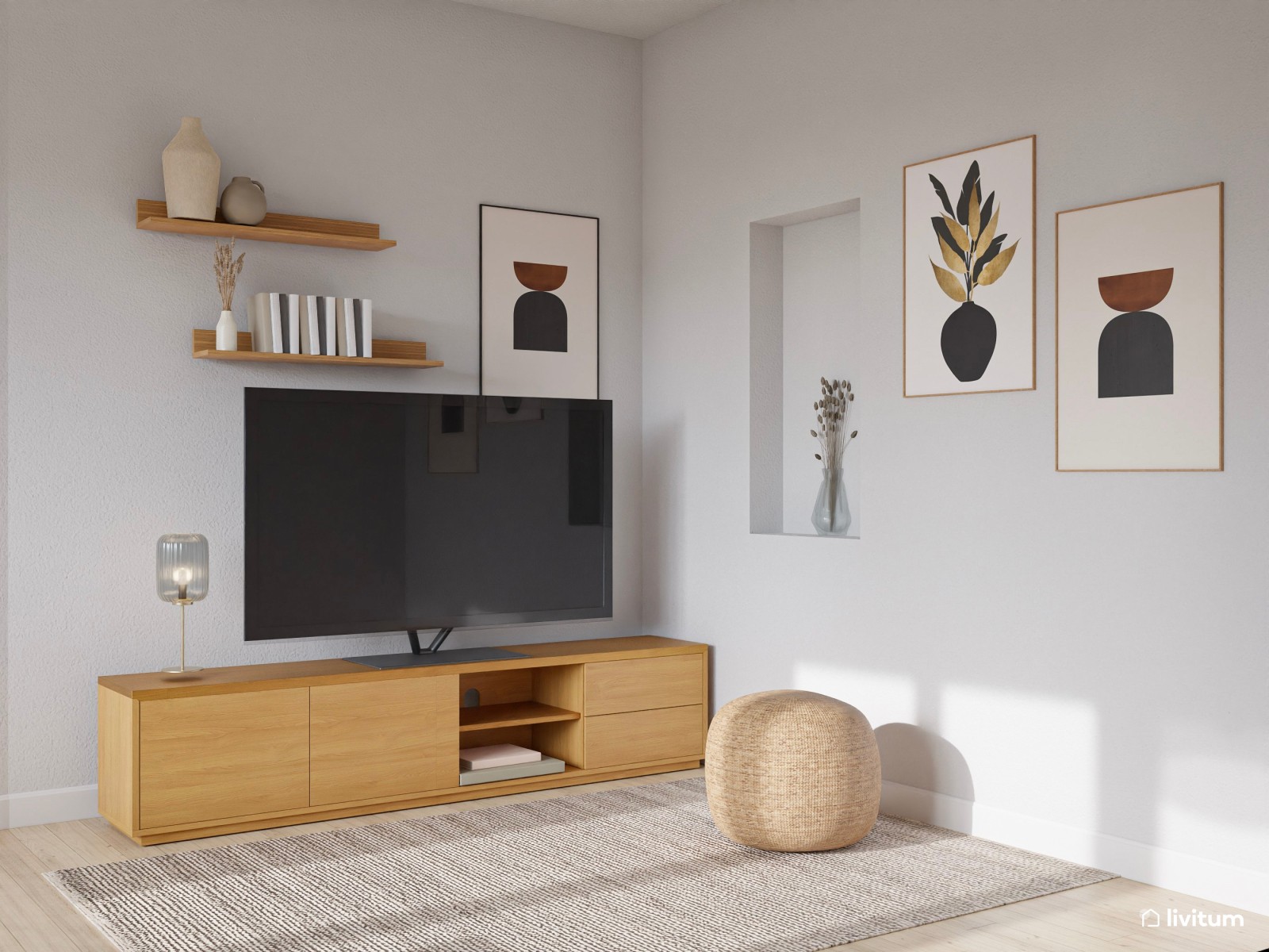 Salón comedor de 22 m² con combinación tonos neutros + madera + negro