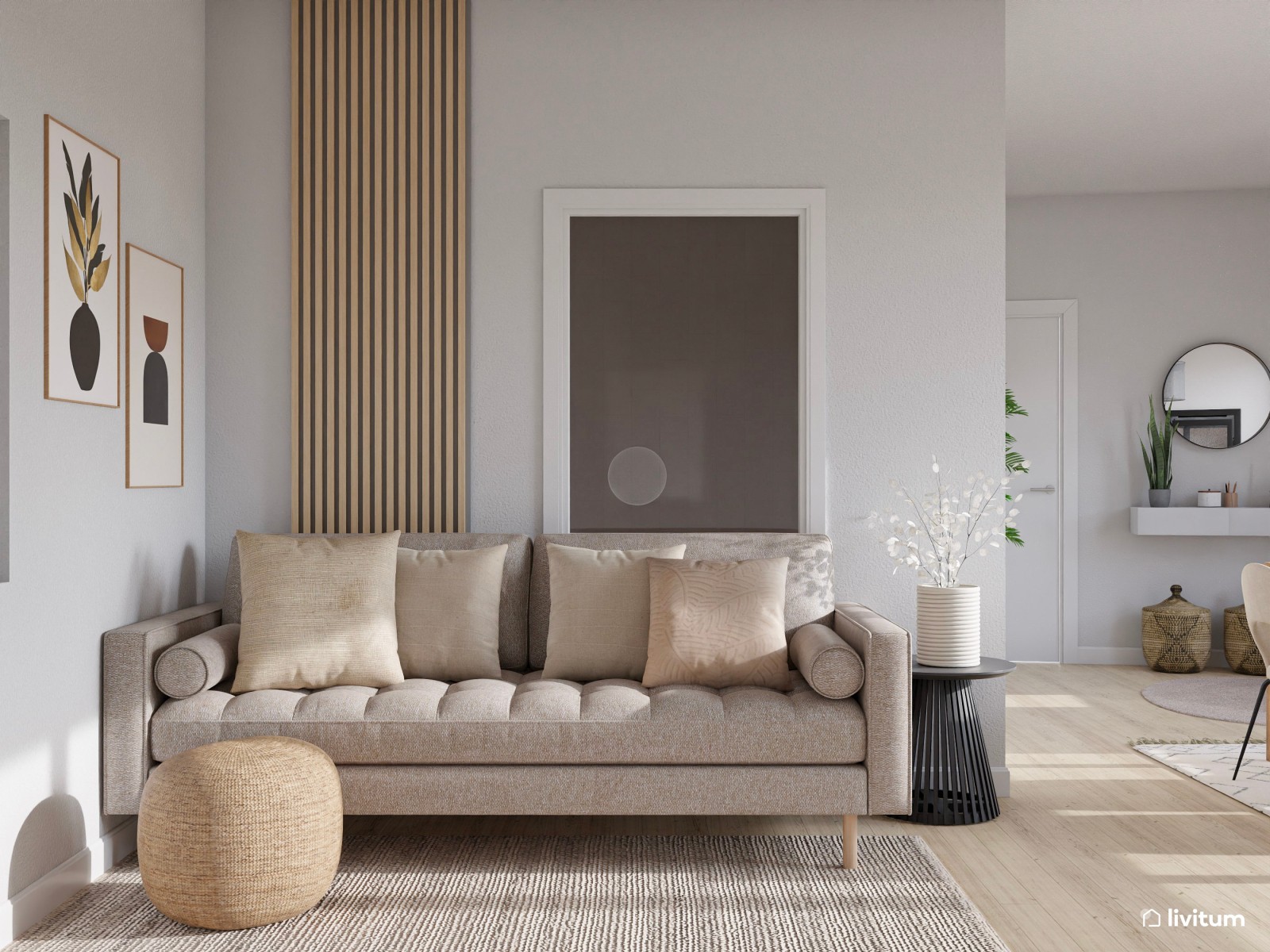 Salón comedor de 22 m² con combinación tonos neutros + madera + negro
