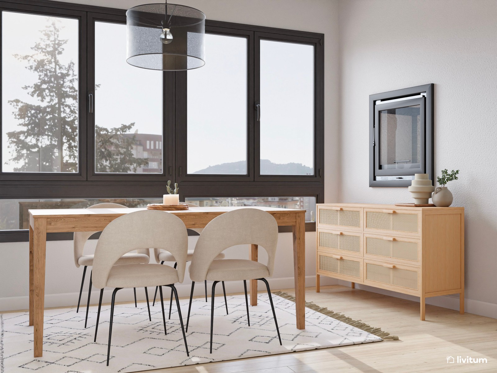 Salón comedor de 22 m² con combinación tonos neutros + madera + negro