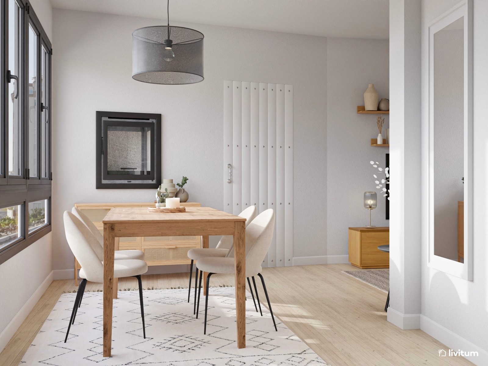 Salón comedor de 22 m² con combinación tonos neutros + madera + negro