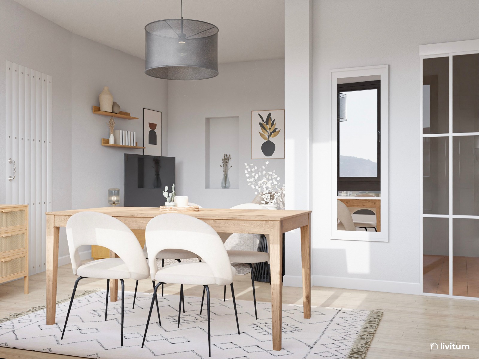 Salón comedor de 22 m² con combinación tonos neutros + madera + negro