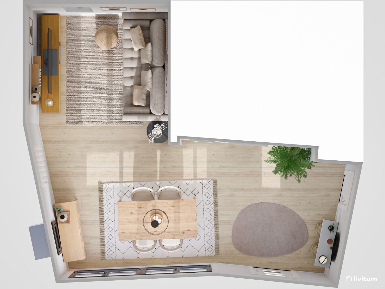 Salón comedor de 22 m² con combinación tonos neutros + madera + negro