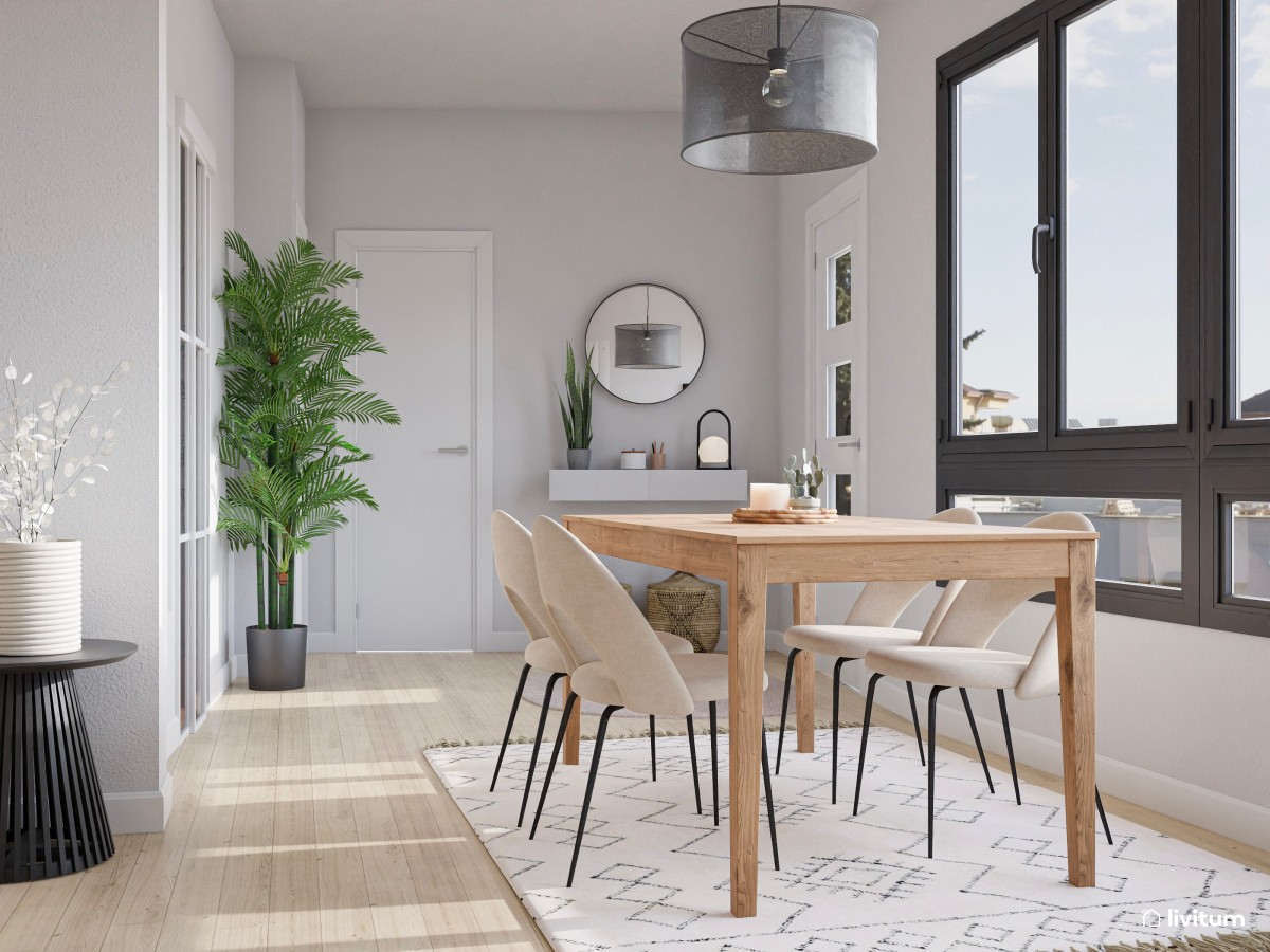 Salón comedor de 22 m² con combinación tonos neutros + madera + negro