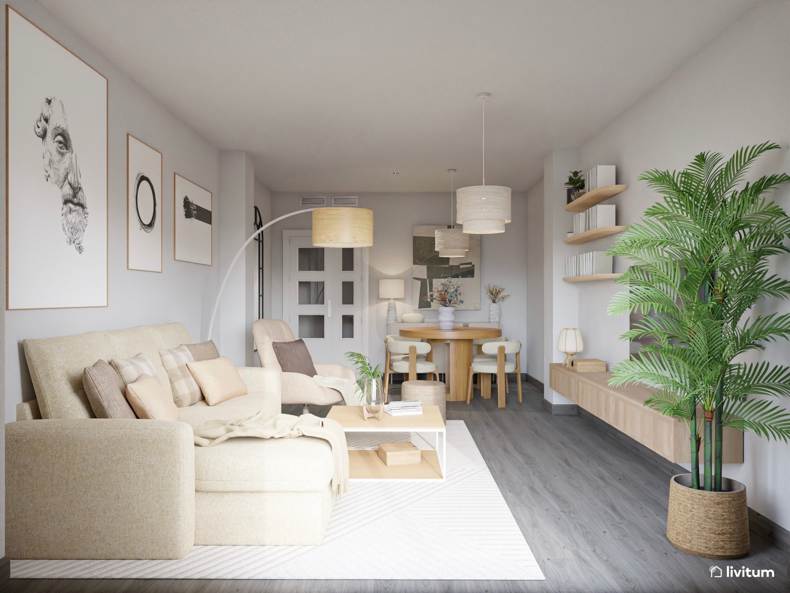 Salón comedor de 23 m² minimalista en tonos tierra con suelo oscuro