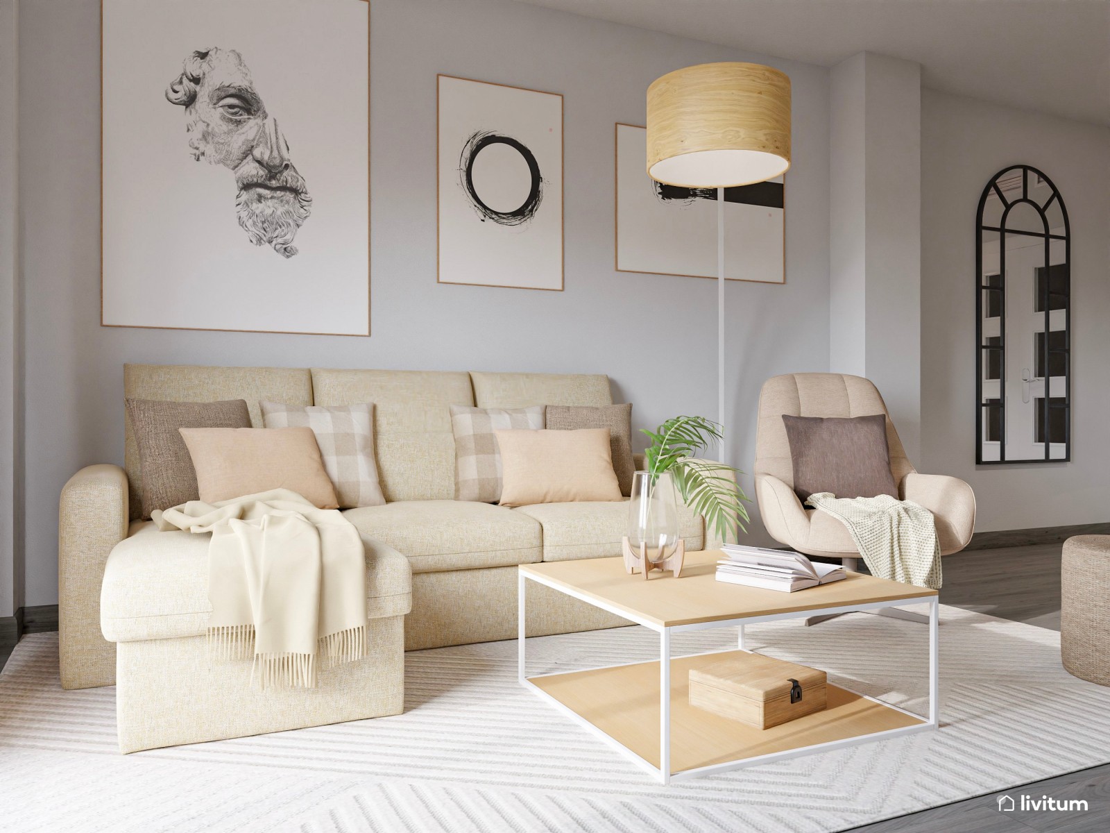 Salón comedor de 23 m² minimalista en tonos tierra con suelo oscuro