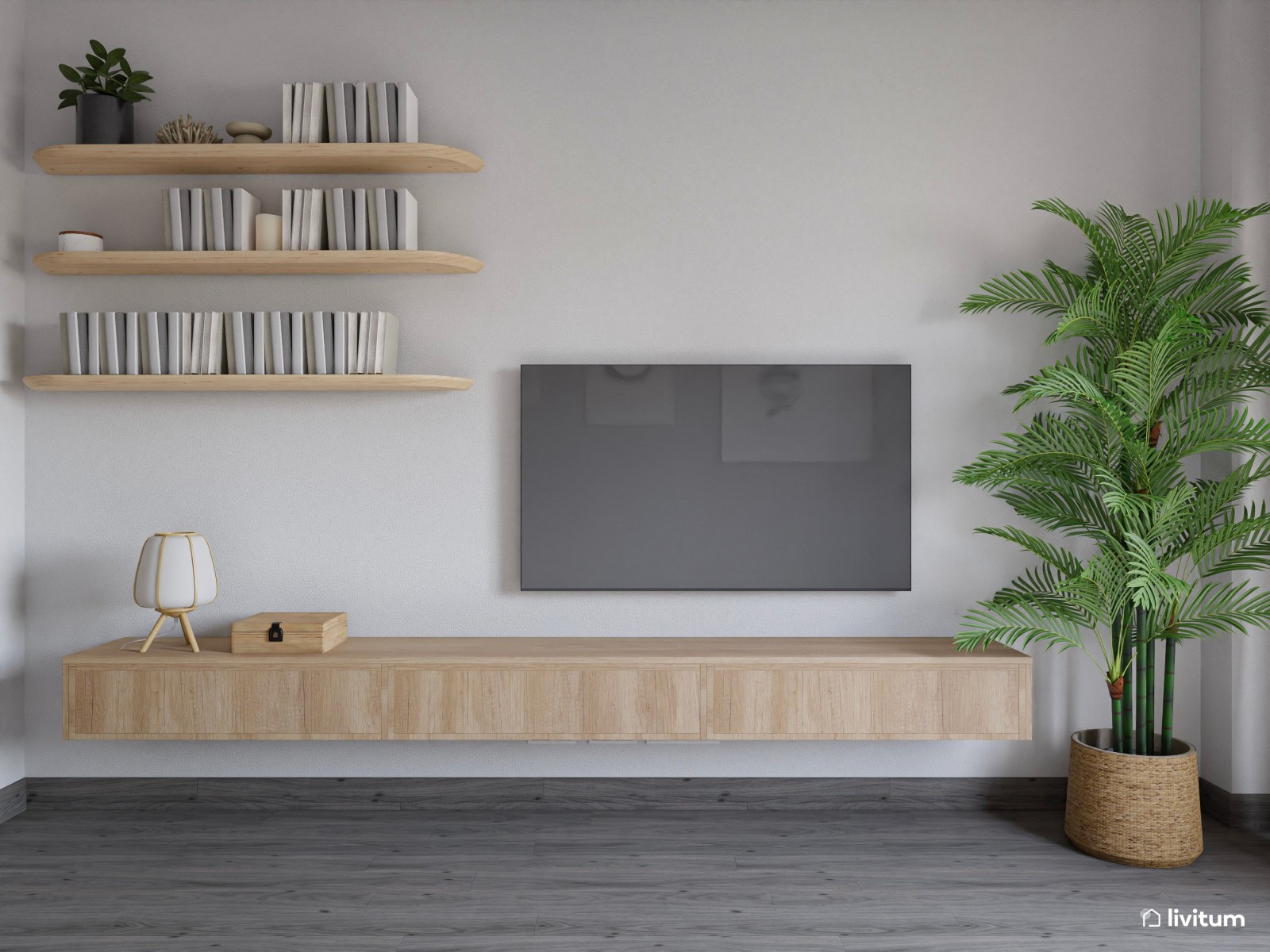 Salón comedor de 23 m² minimalista en tonos tierra con suelo oscuro
