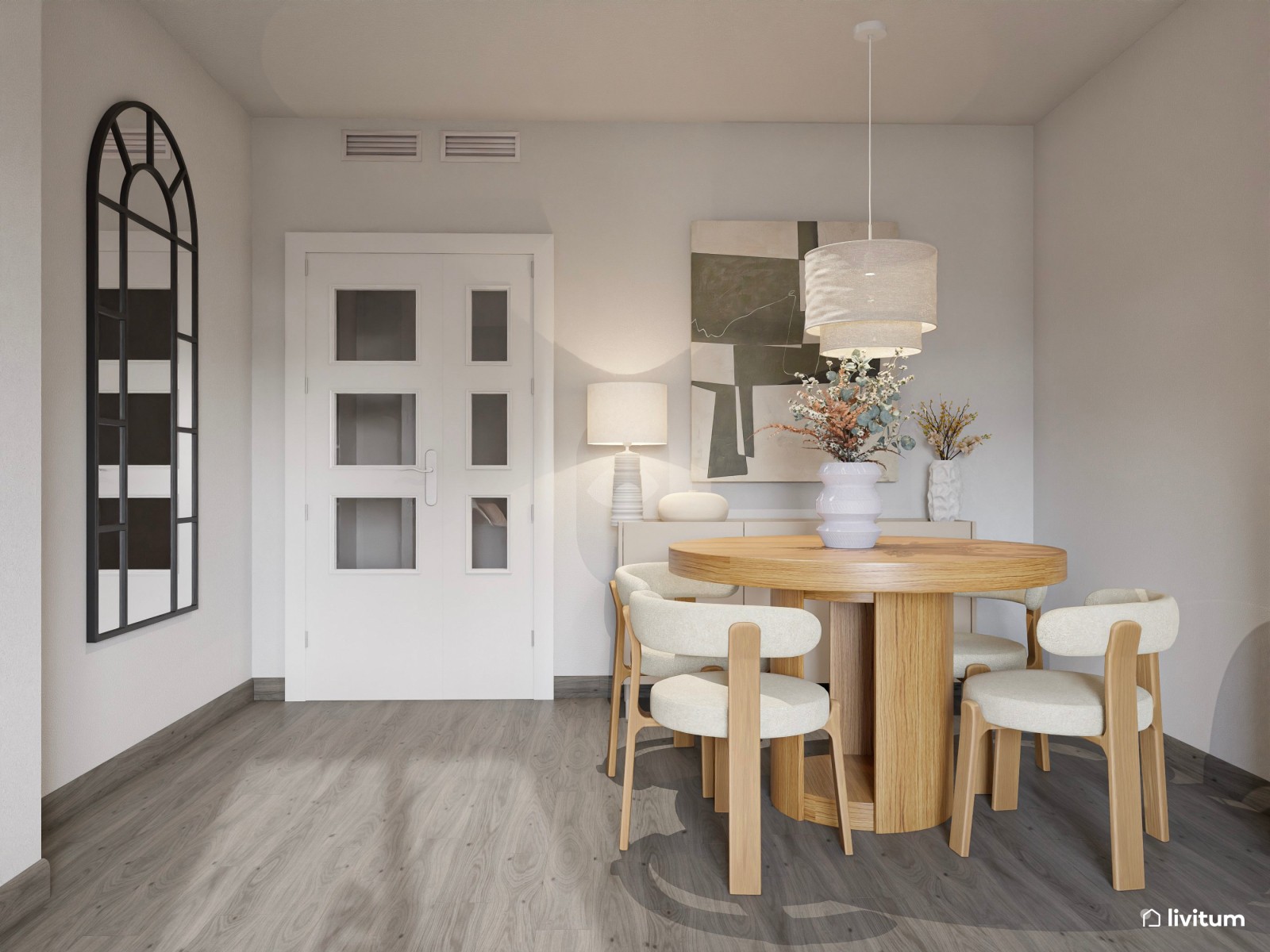 Salón comedor de 23 m² minimalista en tonos tierra con suelo oscuro