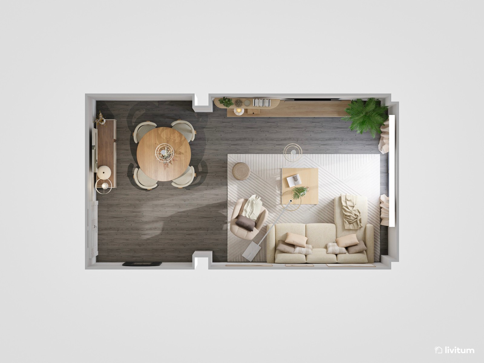 Salón comedor de 23 m² minimalista en tonos tierra con suelo oscuro
