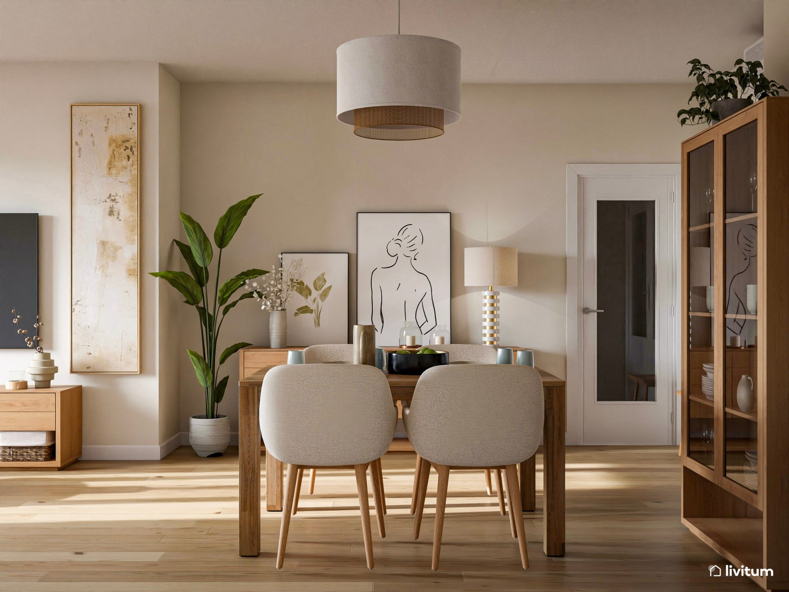 Salón comedor de 24 m² en tonos tierra con detalles en negro