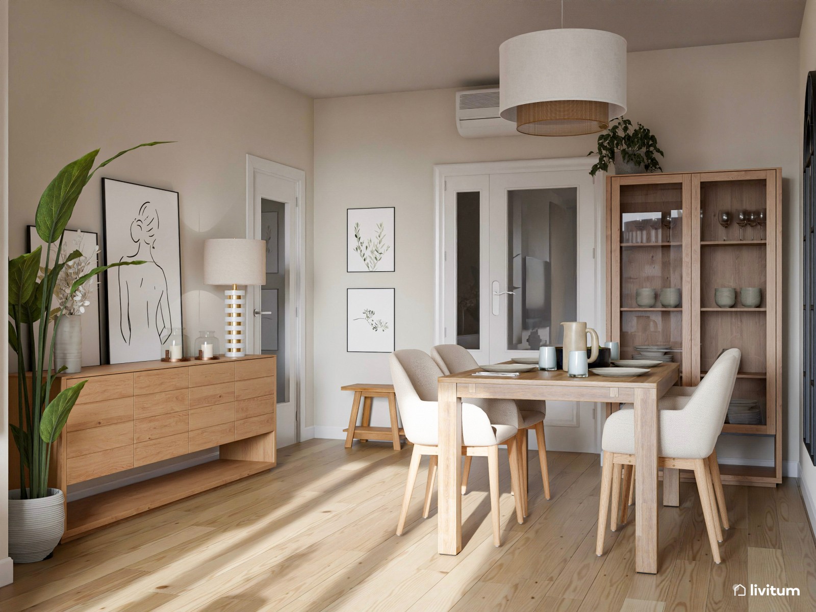 Salón comedor de 24 m² en tonos tierra con detalles en negro