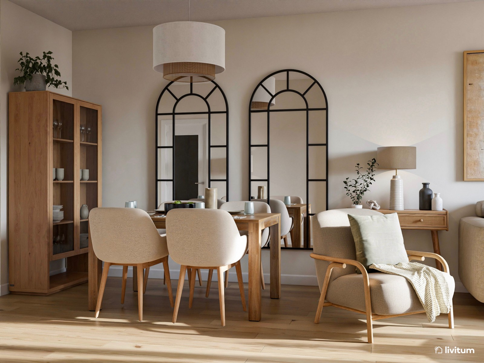 Salón comedor de 24 m² en tonos tierra con detalles en negro
