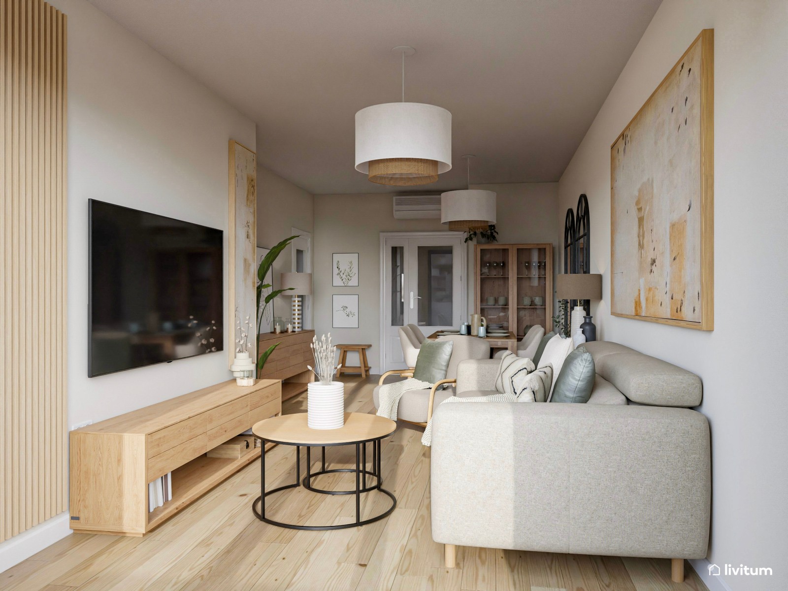 Salón comedor de 24 m² en tonos tierra con detalles en negro