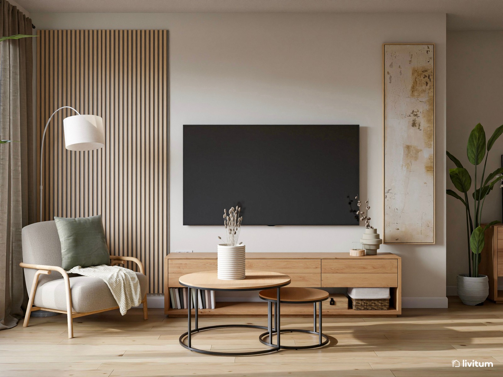 Salón comedor de 24 m² en tonos tierra con detalles en negro