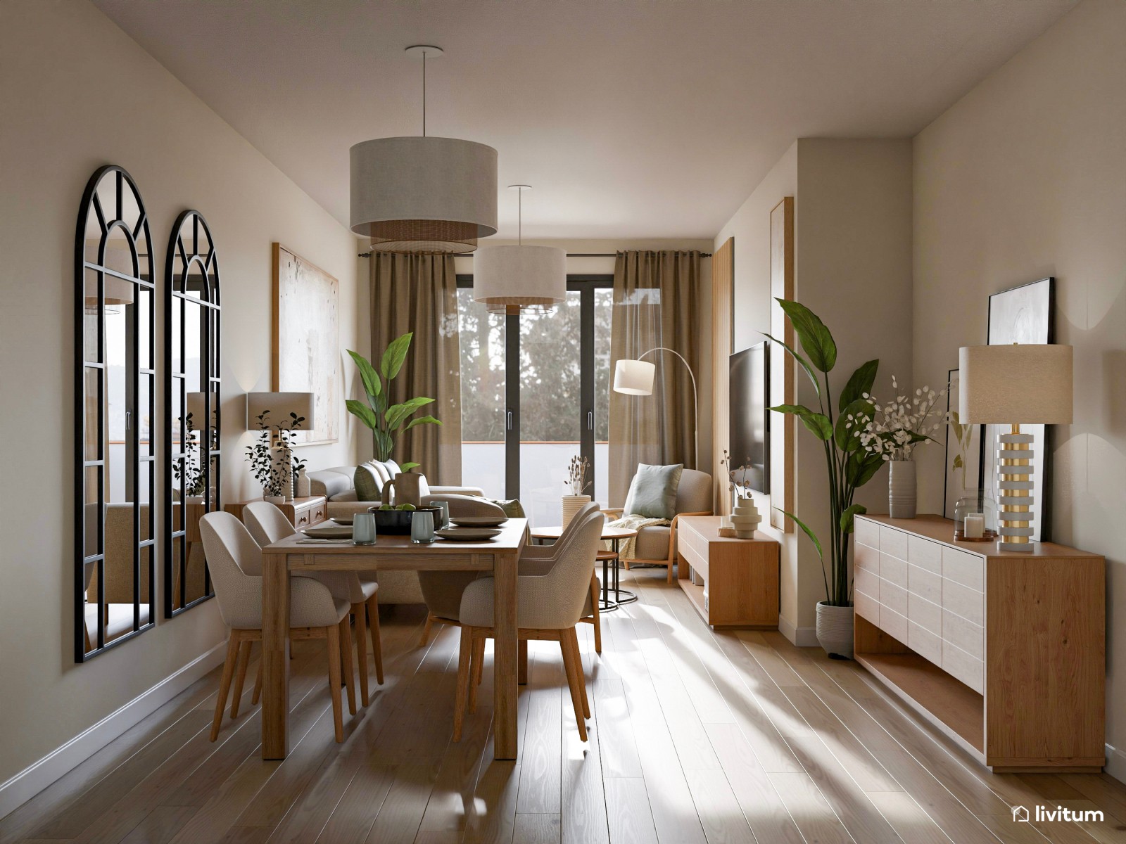 Salón comedor de 24 m² en tonos tierra con detalles en negro