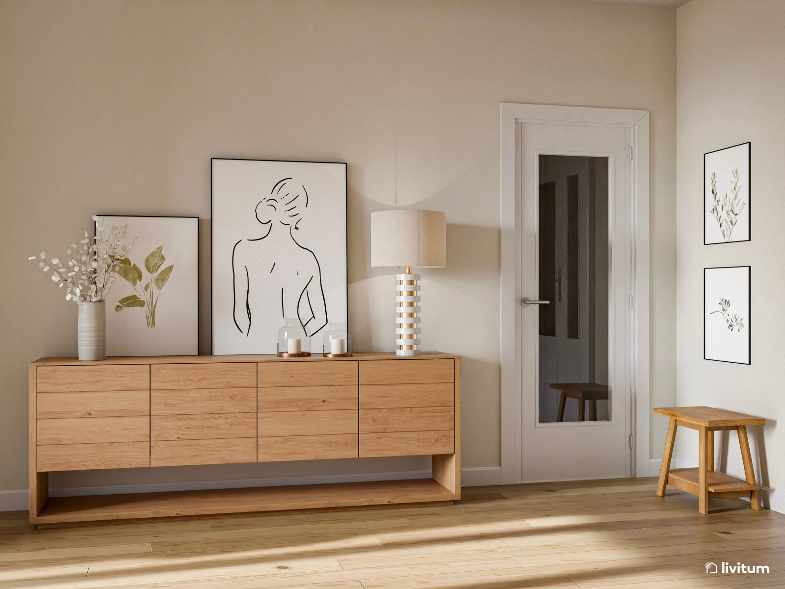 Salón comedor de 24 m² en tonos tierra con detalles en negro