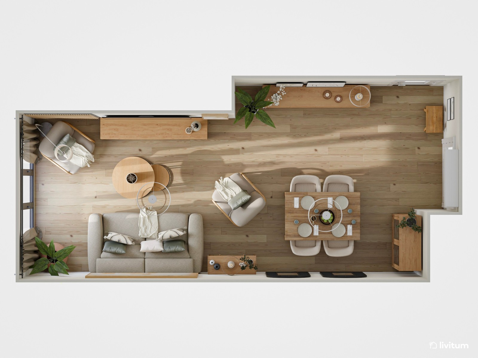 Salón comedor de 24 m² en tonos tierra con detalles en negro