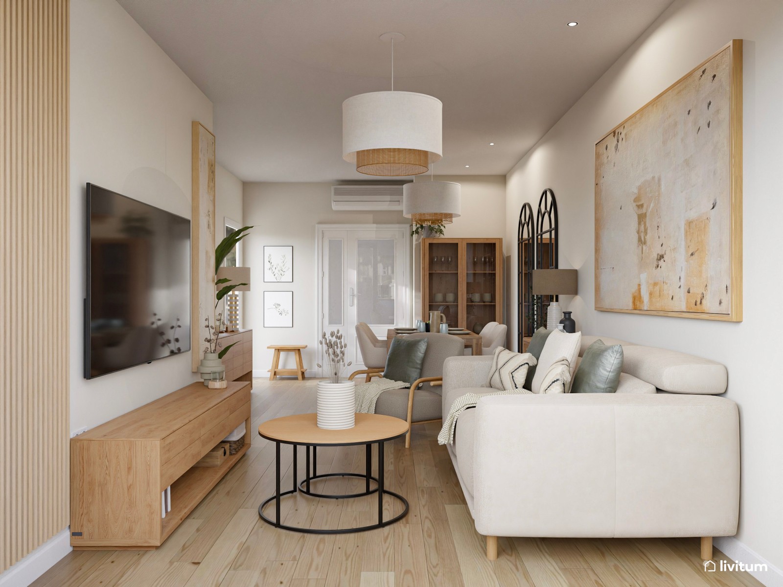 Salón comedor de 24 m² en tonos tierra con detalles en negro