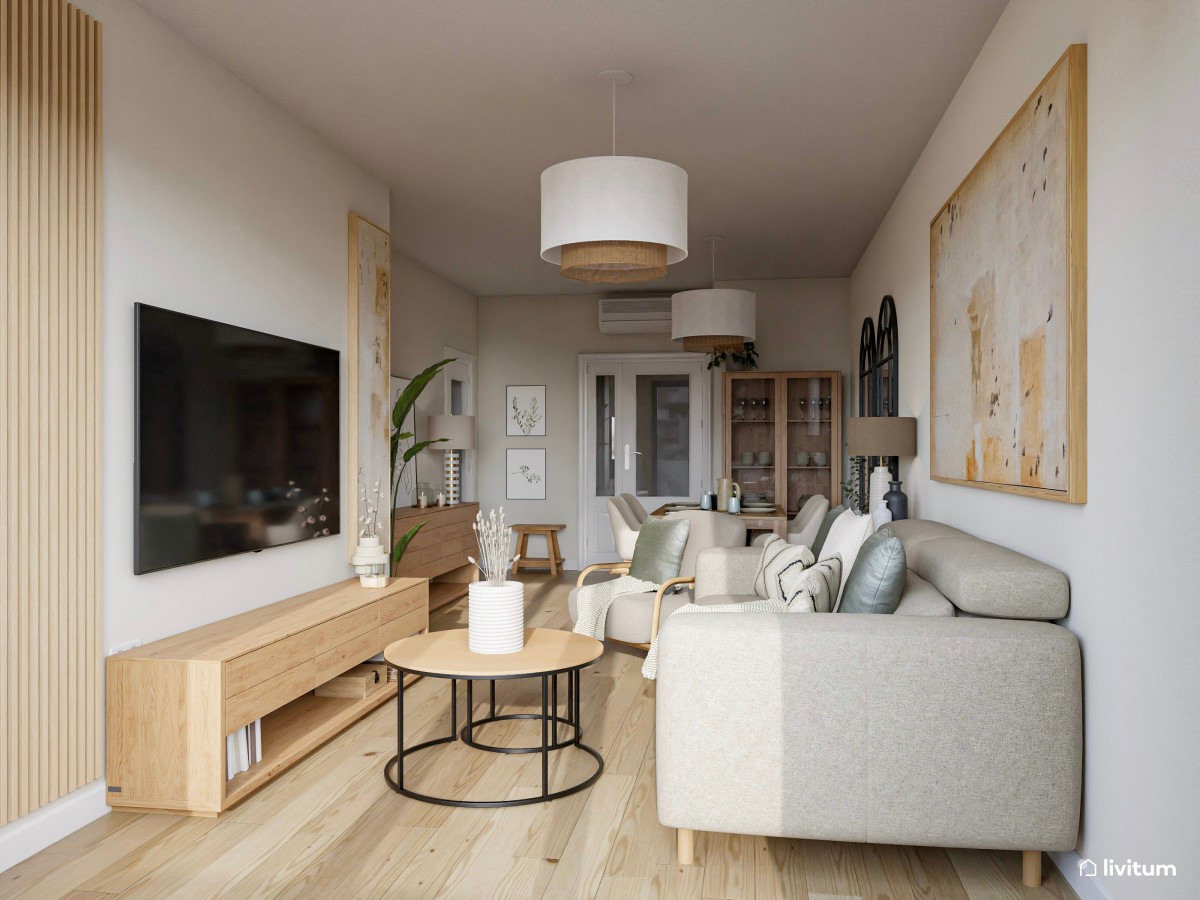Salón comedor de 24 m² en tonos tierra con detalles en negro