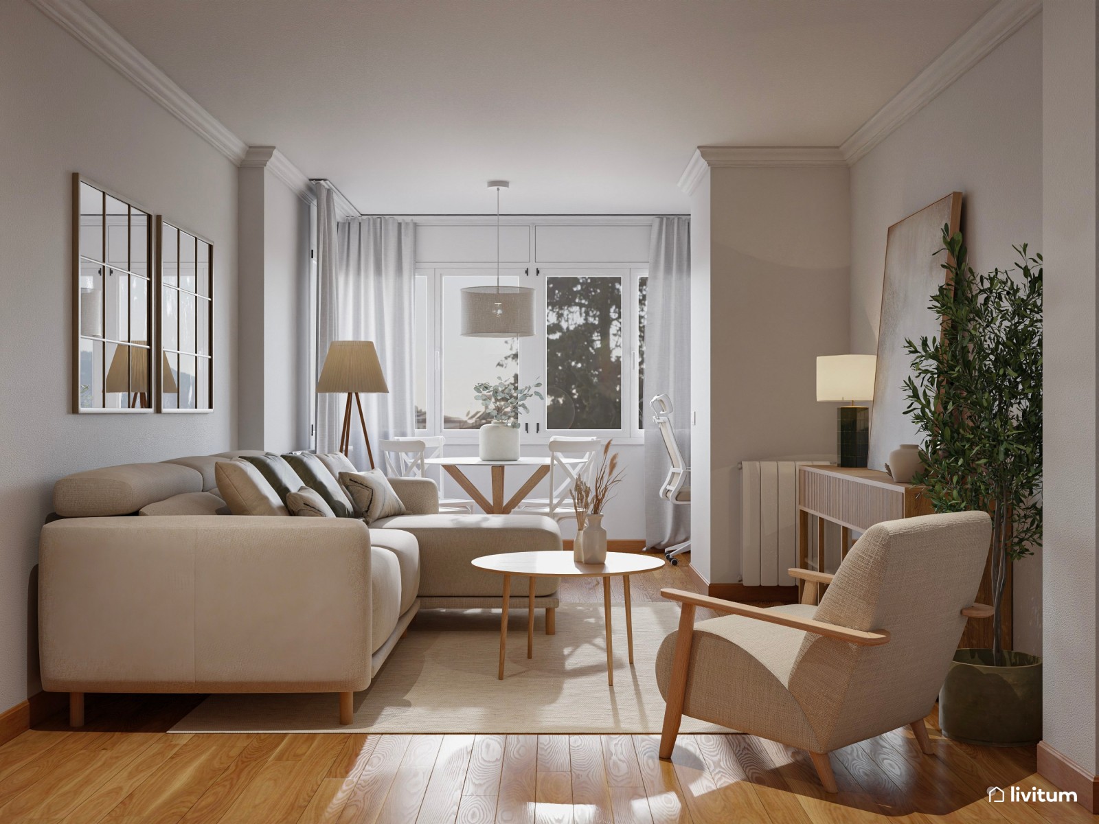 Salón comedor de 25 m² de estilo nórdico con zona de escritorio