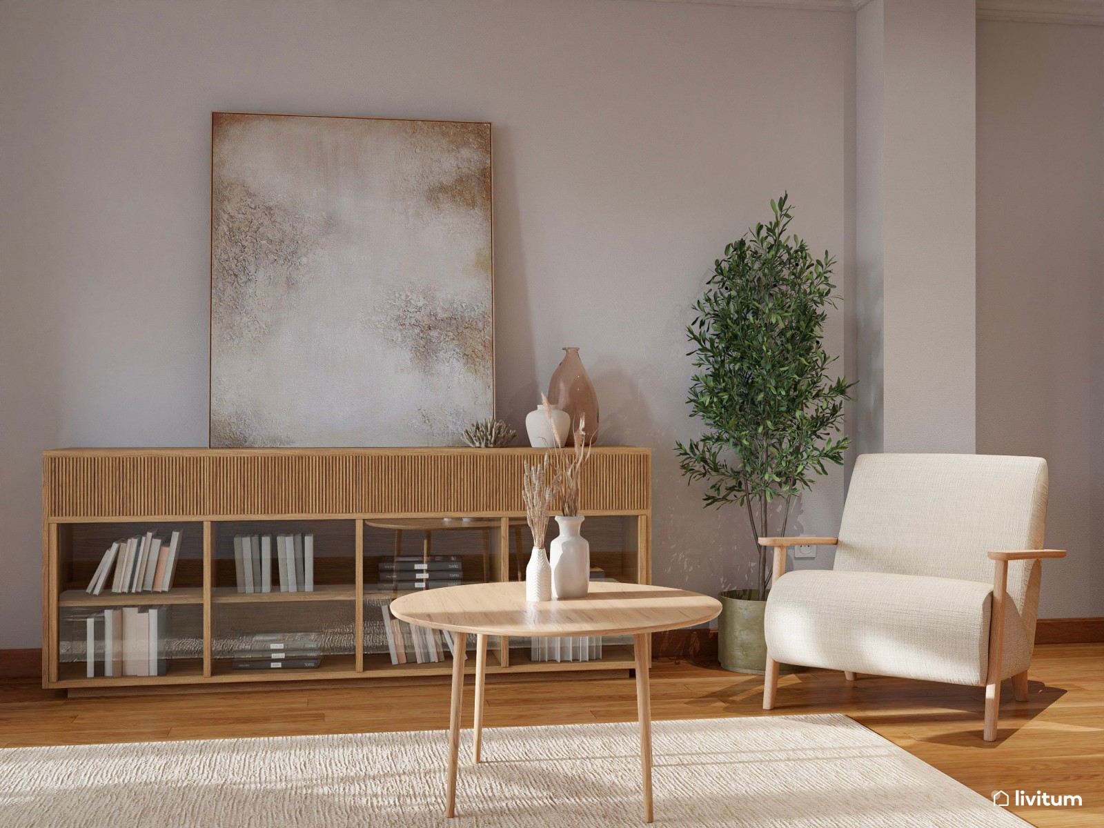 Salón comedor de 25 m² de estilo nórdico con zona de escritorio