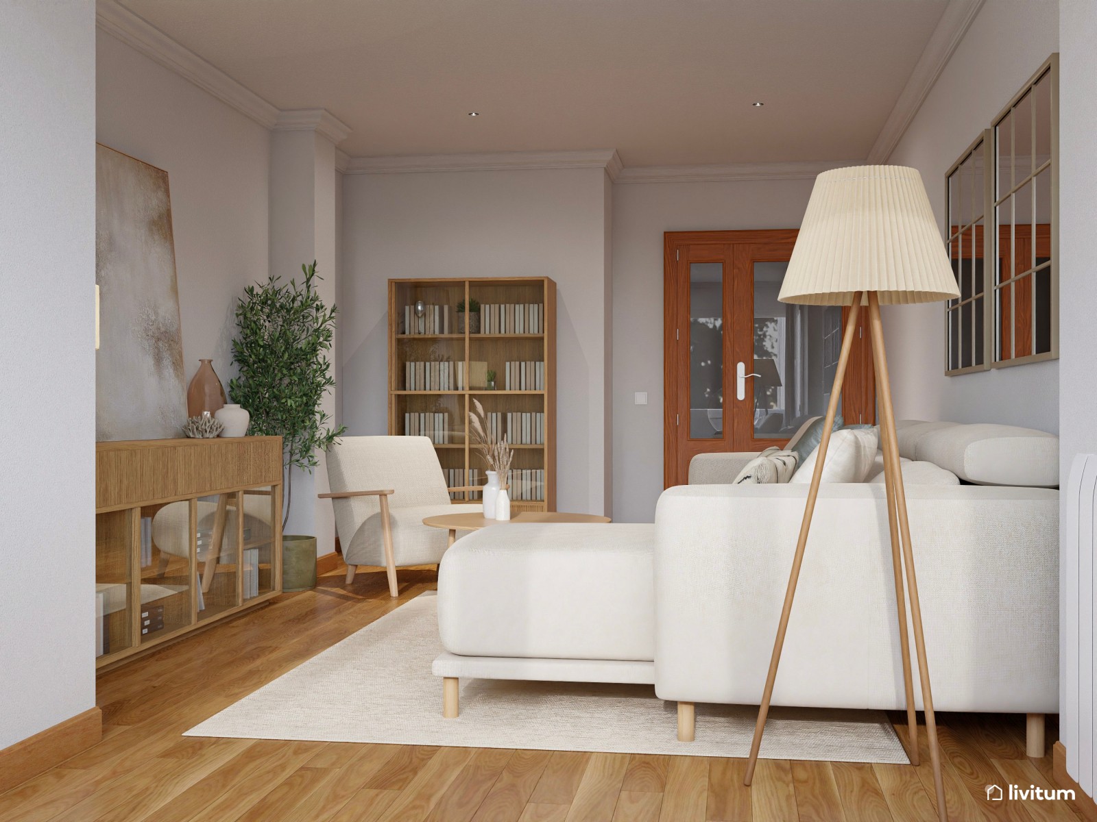 Salón comedor de 25 m² de estilo nórdico con zona de escritorio