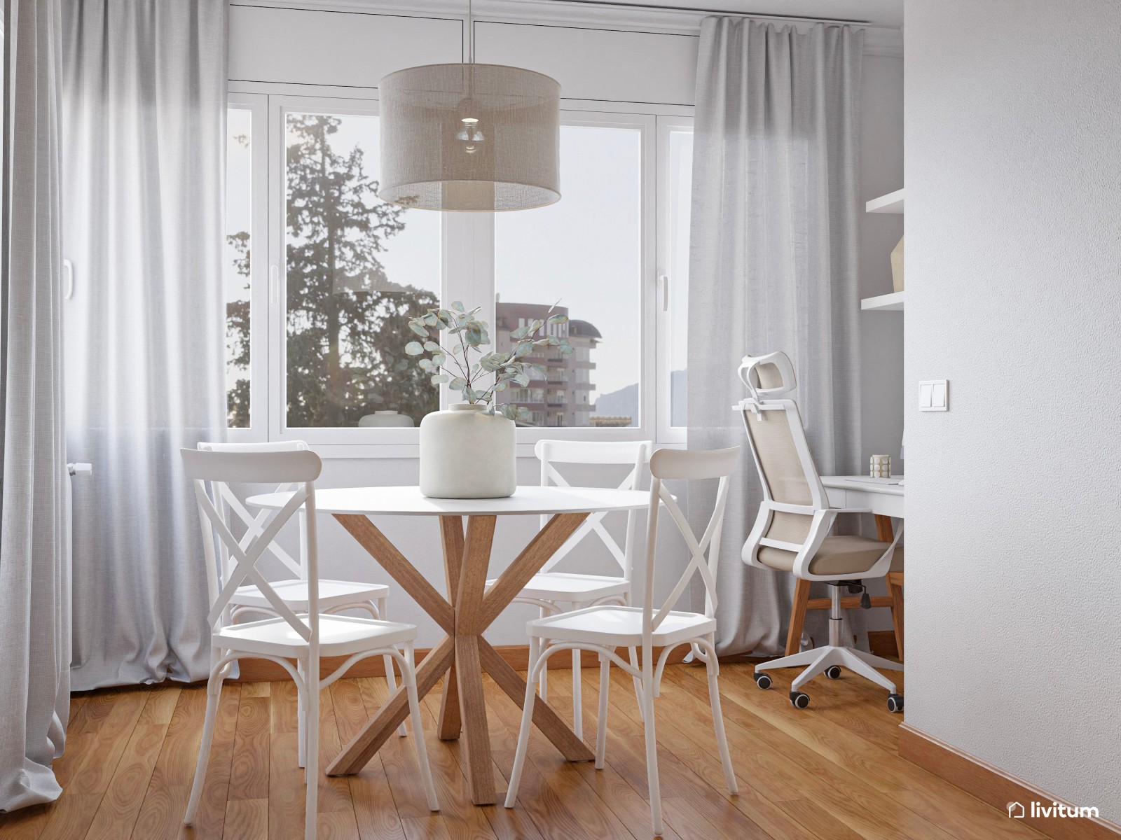 Salón comedor de 25 m² de estilo nórdico con zona de escritorio