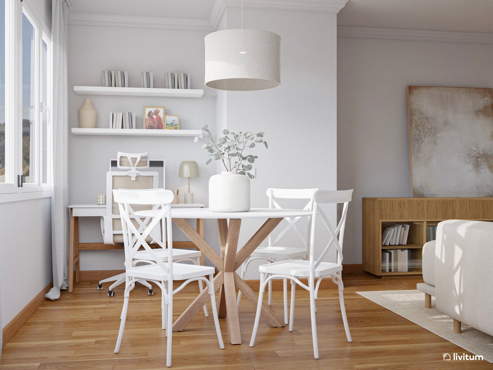 Salón comedor de 25 m² de estilo nórdico con zona de escritorio